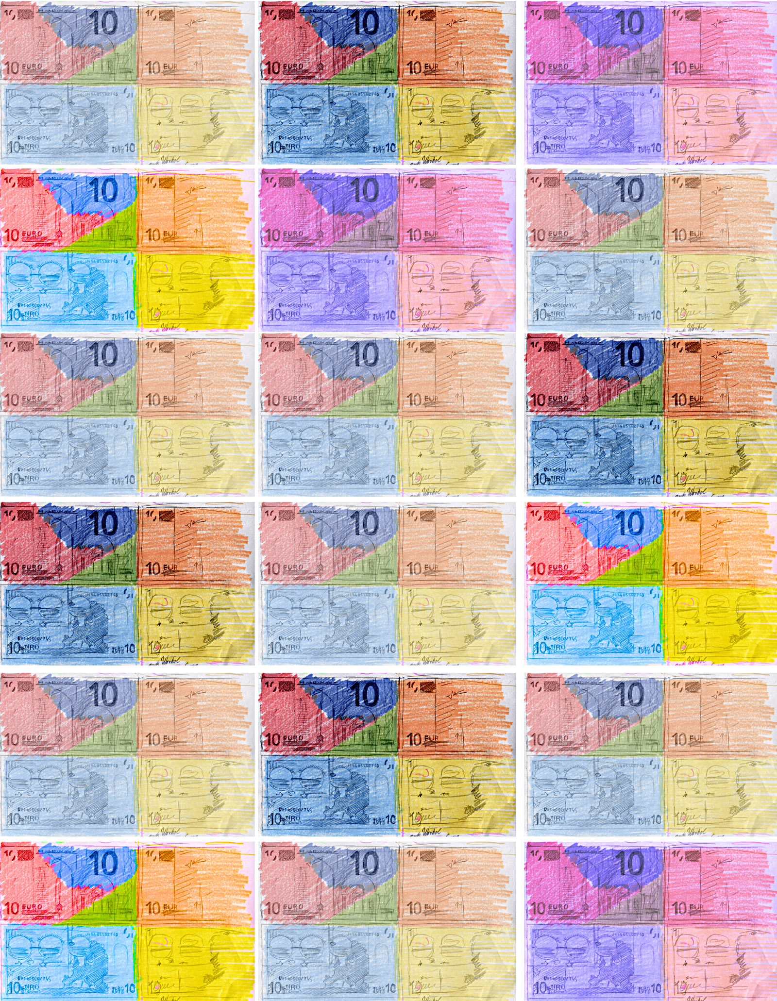 Marcellus M. Menke: 72 Zehn-Euro-Scheine, nicht immer vollständig wiedergegeben, gescannte Zeichnung und digitale Montage, Köln 2012. Hommage à: Andy Warhol, 80 Zweidollarscheine (Vorder- und Rückseite), 1962