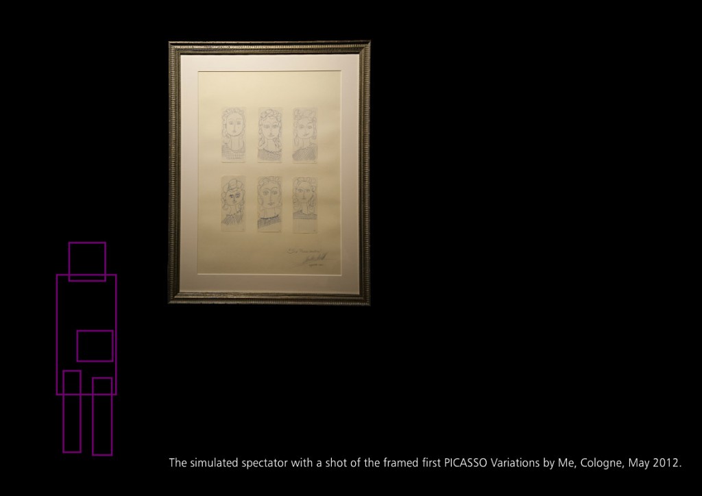 Der simulierte Beobachter mit einem Photo der gerahmten Picassovariationen, Köln Mai 2012 Seite 21 aus: Marcellus M. Menke, MeandMeandMe, Some circumspective Picasso Variations, ScreenBOOK, Cologne Edition 2012