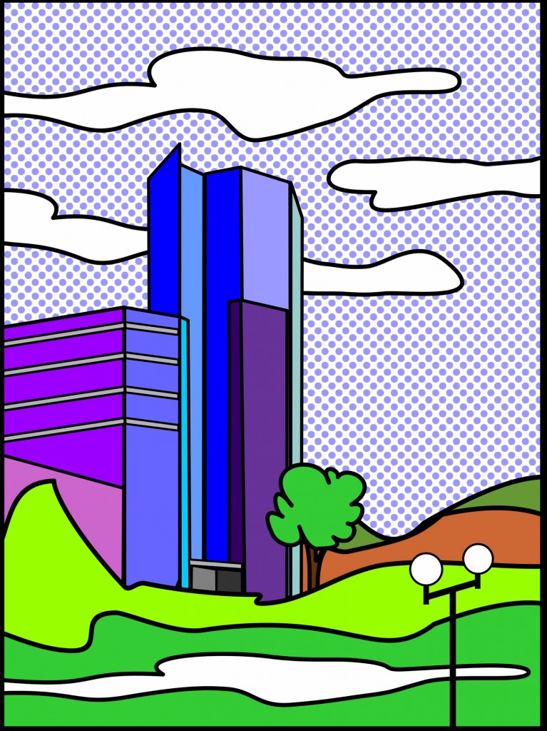 Marcellus M. Menke, Blue Tower I, digitally created image, Siegen 2012. Hommage à: Roy Lichtenstein: Read barn II, 1969. Postkarte, Siegen 2012