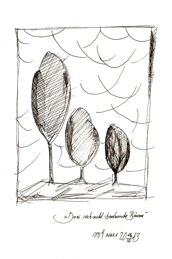 Marcellus M. Menke: Drei sich nicht berührende Bäume. Version 2. Zeichnung auf Papier. 20 mal 30 cm, Köln 15.06.13