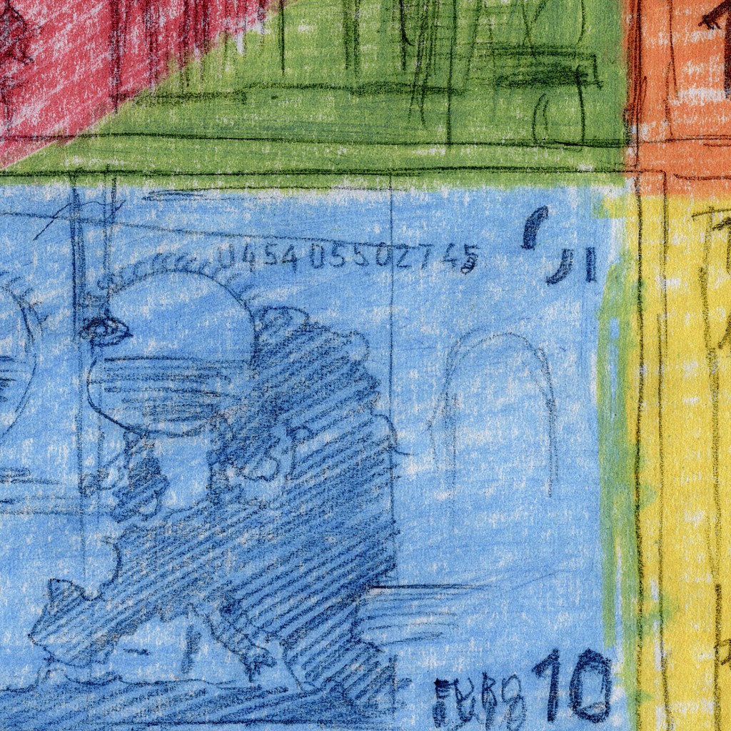 Ausschnitt Nr. 3 aus: Marcellus M. Menke: 72 Zehn-Euro-Scheine, nicht immer vollständig wiedergegeben, gescannte Zeichnung und digitale Montage, Köln 2012. Hommage à: Andy Warhol, 80 Zweidollarscheine (Vorder- und Rückseite), 1962