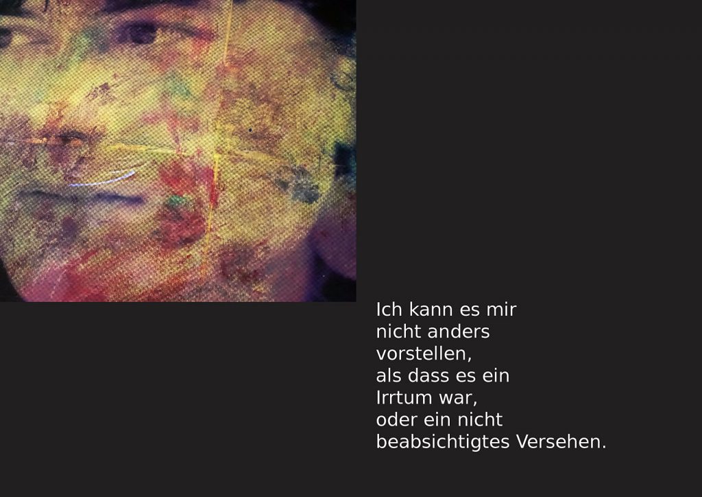 Marcellus M. Menke: Betrayed Generation. Rasterfolie und Acryl auf Leinwand, Photographie mit gesetztem Text. m4art screenBook, Köln und Siegen 2016, Seite 2